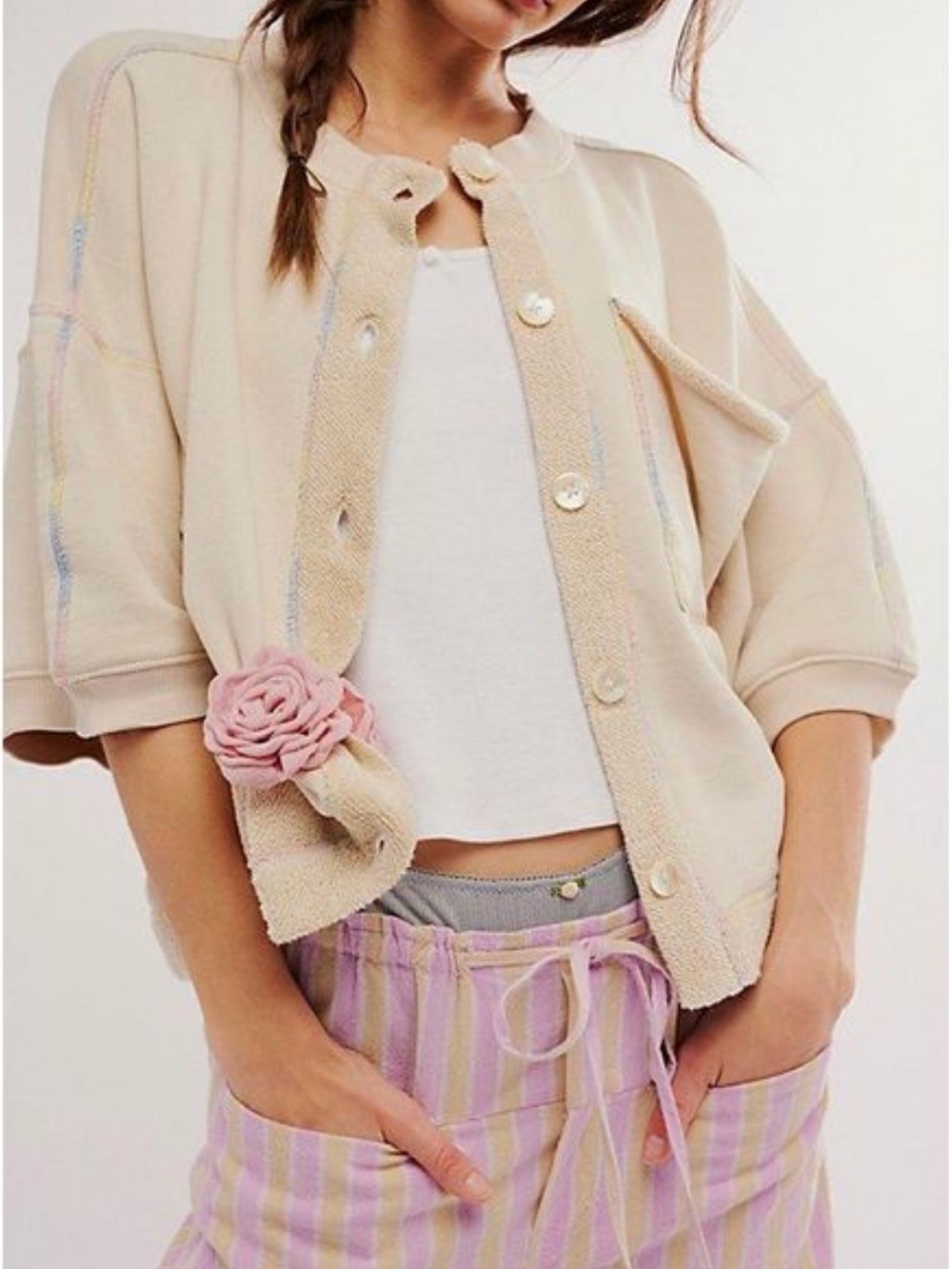 Free People Matilda Sweatshirt Cream Oversized Button Front Boho Cardigan